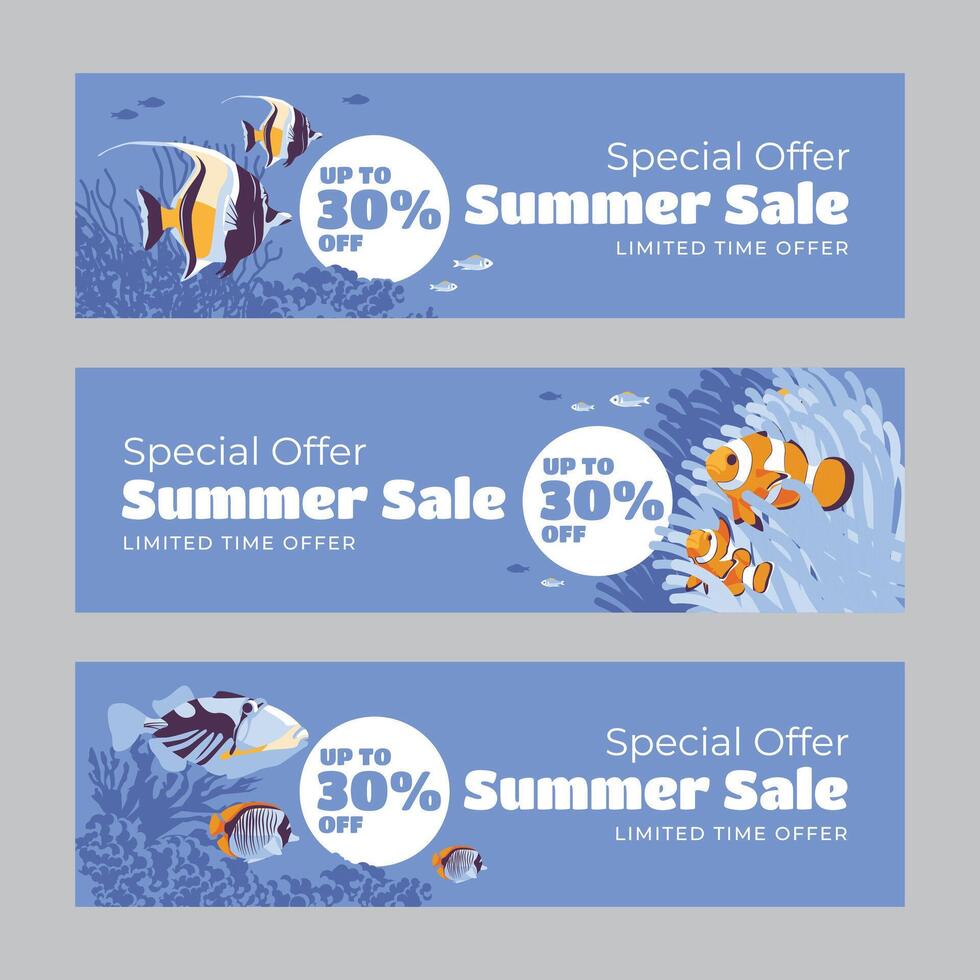 Set of three horizontal banners. Summer season discount advertising. Underwater animals from the coral reef. Diving. illustration vector