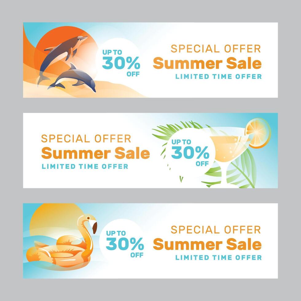 Set of three horizontal banners. Summer season discount advertising. A symbol of the holiday season. illustration vector