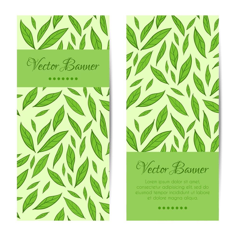 banners, cards set. Green leaves pattern vector