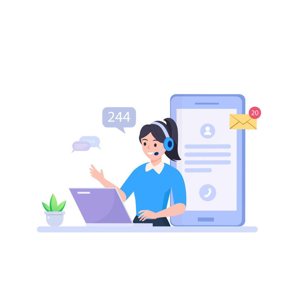Customer service. Call center. Hotline operators with headphones on laptop screen. vector