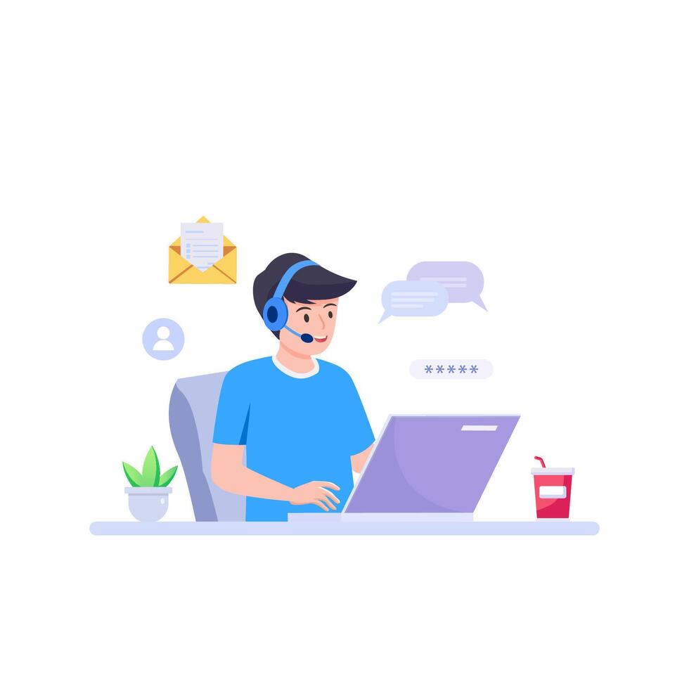 Customer service. Call center. Hotline operators with headphones on laptop screen. vector