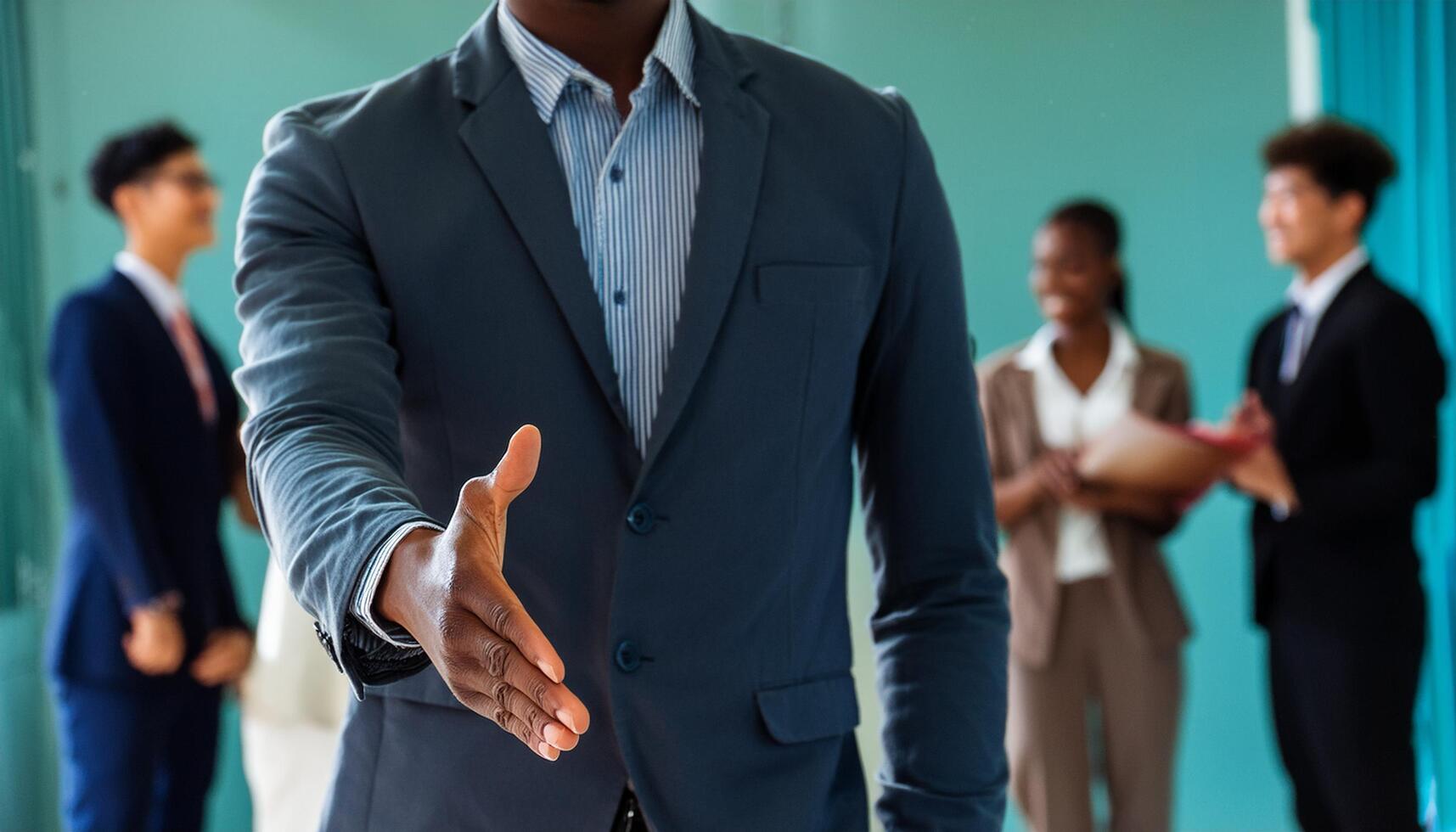 Close up black businessman hand shaking with his team in the background photo