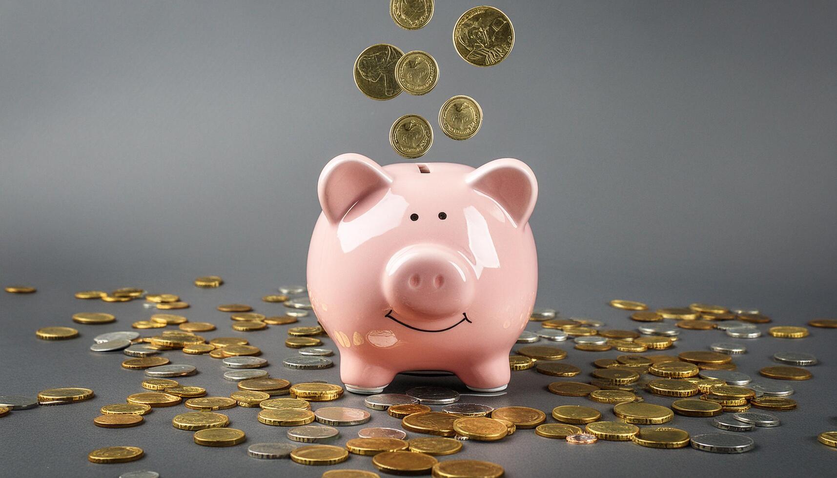 Gold coins rain on piggy bank photo