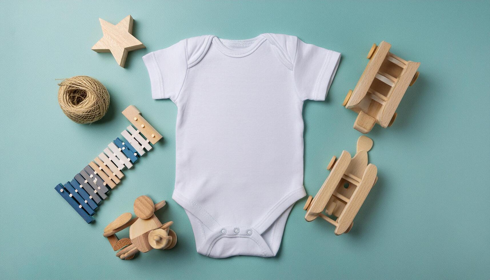 White cotton baby short sleeve bodysuit and natural wooden toys on light blue background Top view photo