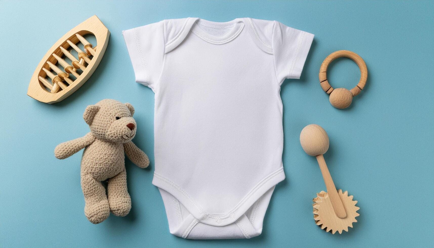 White cotton baby short sleeve bodysuit and natural wooden toys on light blue background photo