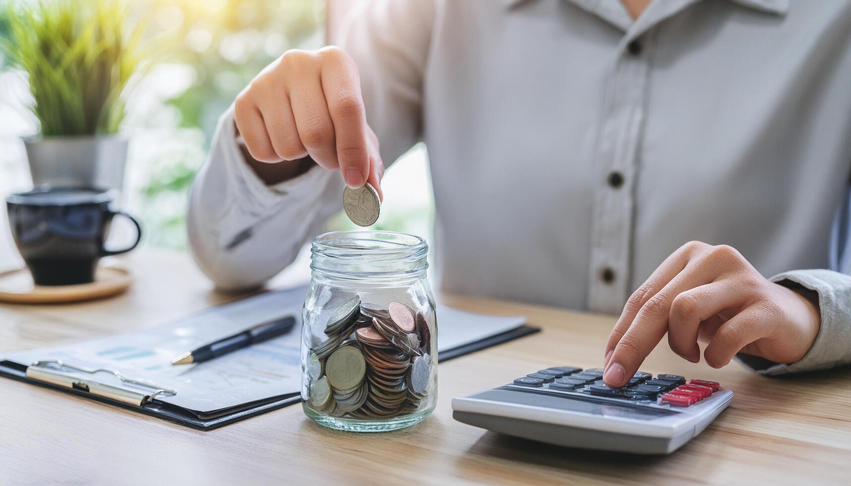 Calculate budget concept, hand putting coins in jug glass photo