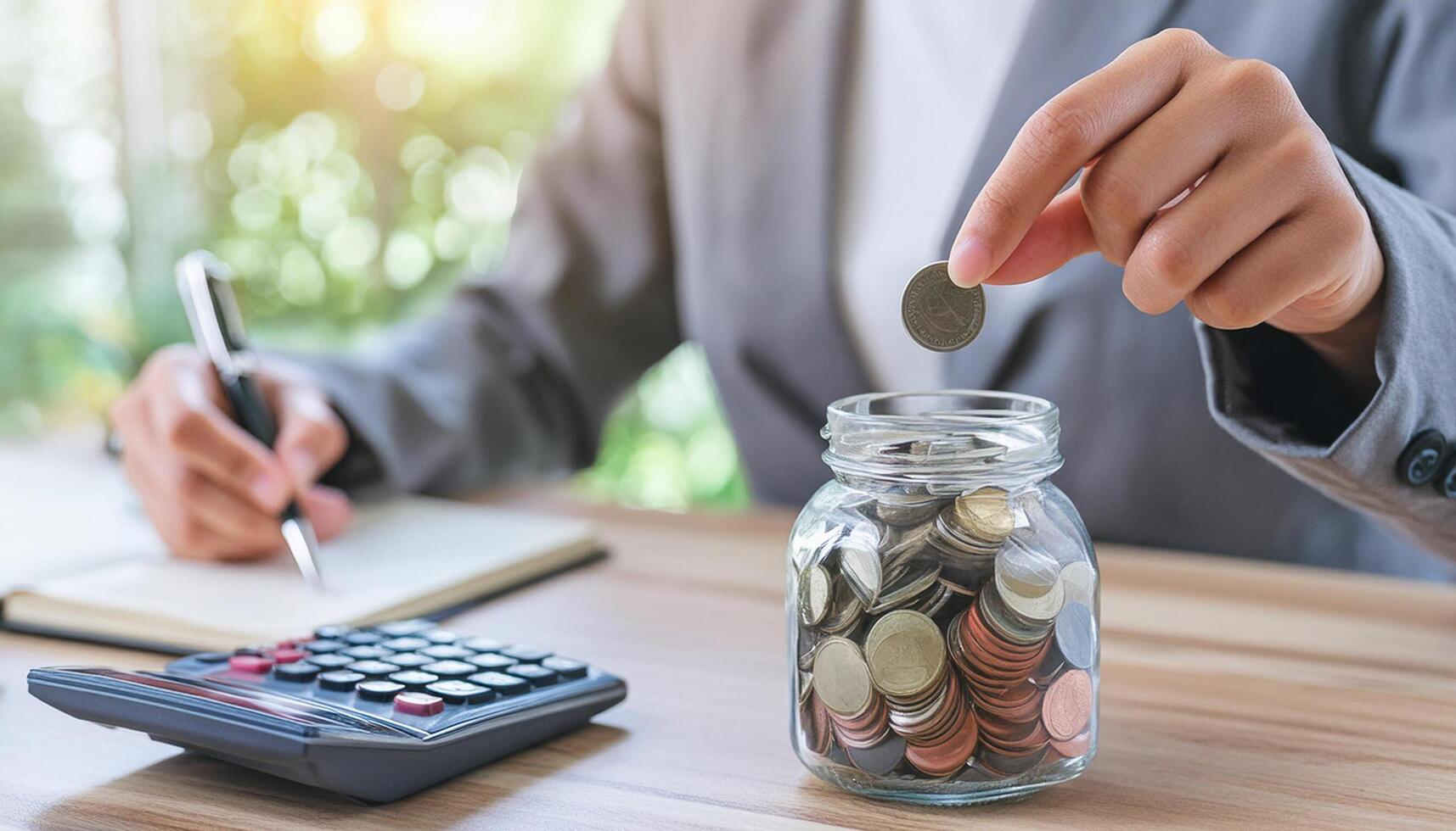 Calculate budget concept, hand putting coins in jug glass photo