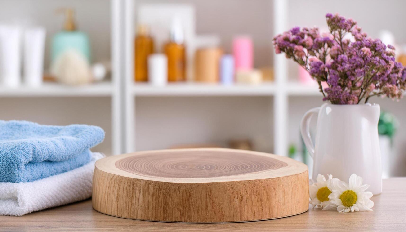 Wooden podium for bathing and spa products photo
