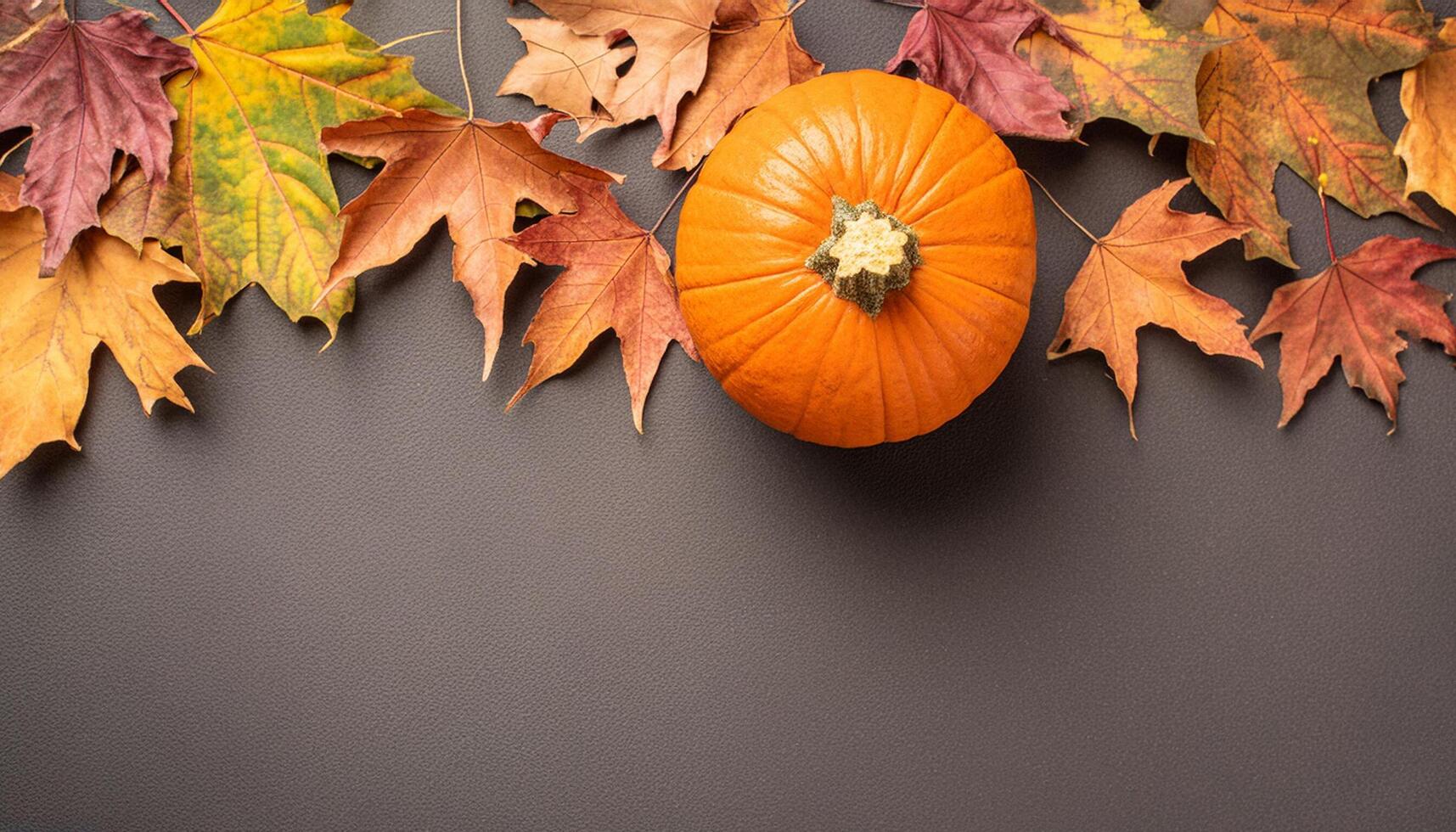 Halloween and Autumn decoration concept made from autumn leaves and pumpkin photo