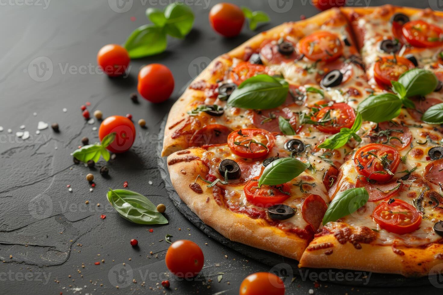 A close-up of a freshly baked pizza with toppings of melted cheese, juicy tomatoes, savory olives, and fresh basil leaves, all arranged on a black surface. photo