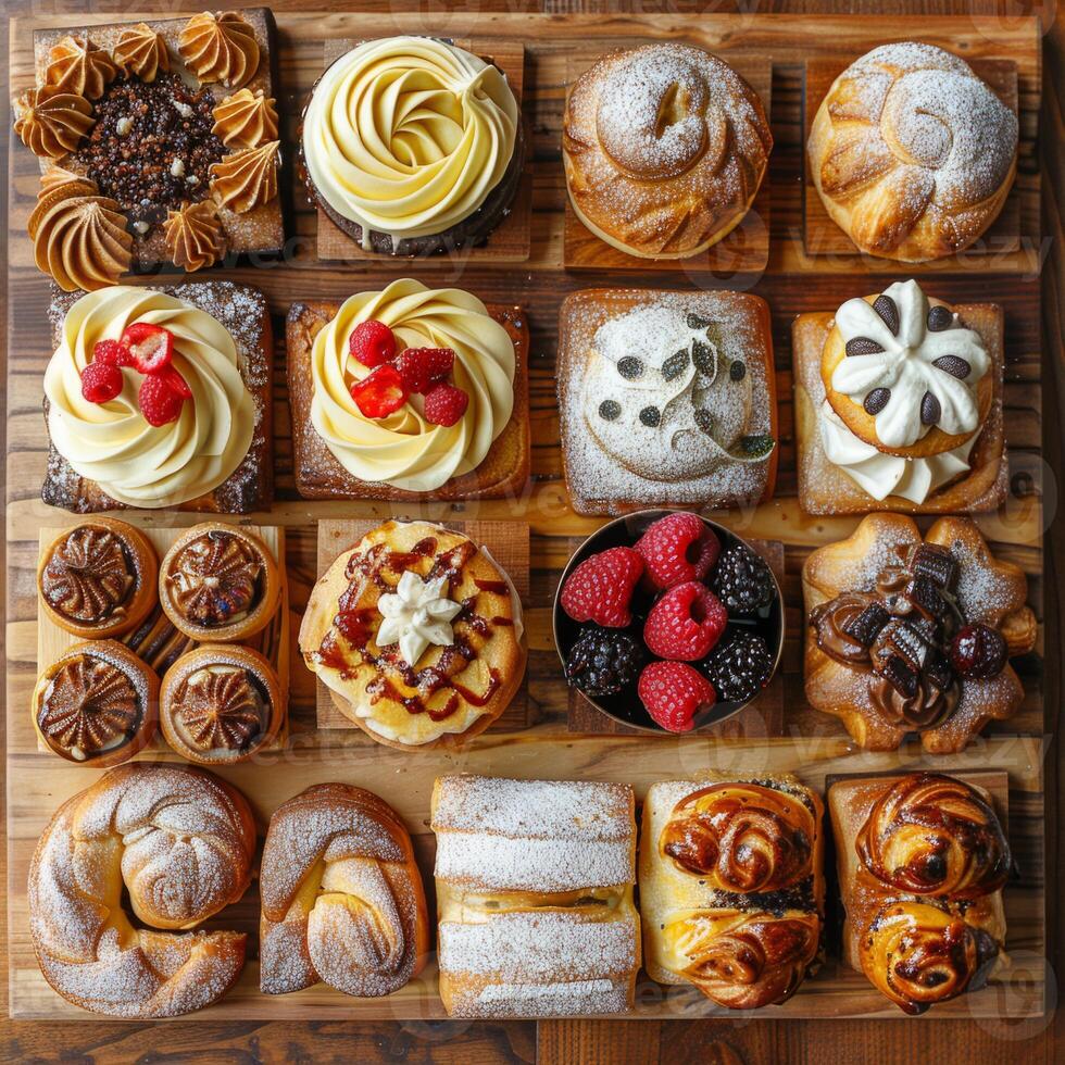 A wooden board filled with an assortment of pastries and sweet treats, including croissants, danishes, and other delectable delights. photo