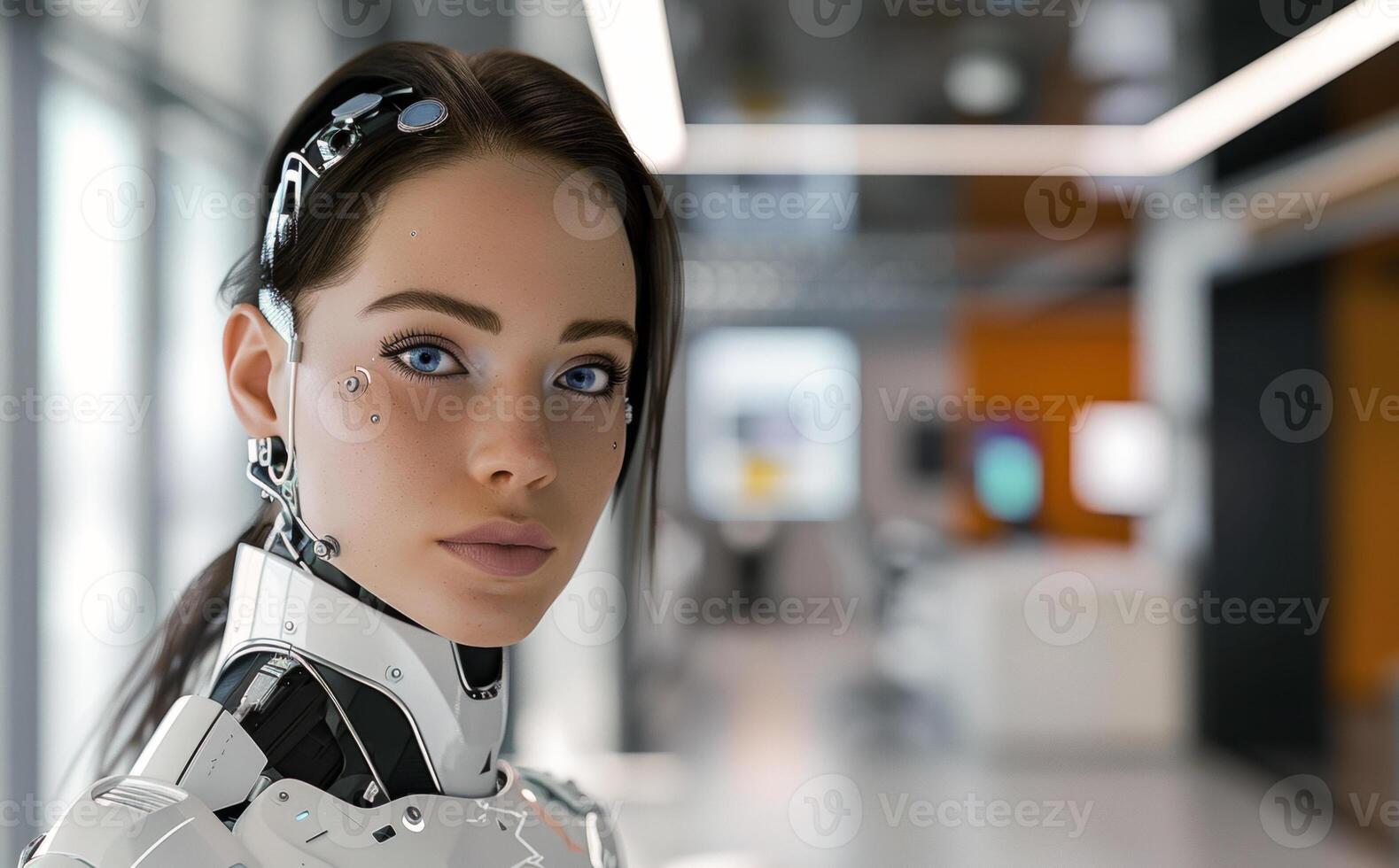 woman android, robot, modern technology. work in the laboratory, in the office, introducing new modern technologies photo