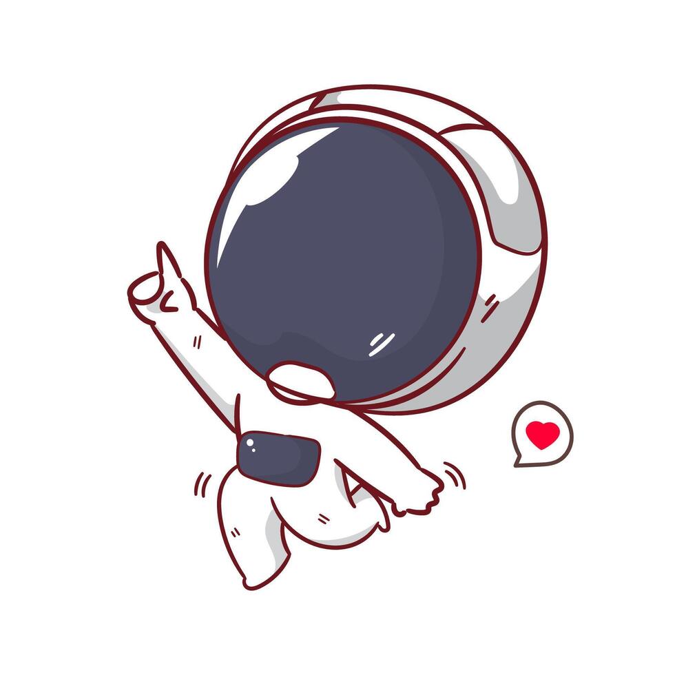 Cute astronaut floating with pointing hand cartoon character. Space and science concept design. Hand drawn flat adorable chibi illustration. Icon logo mascot isolated background. vector