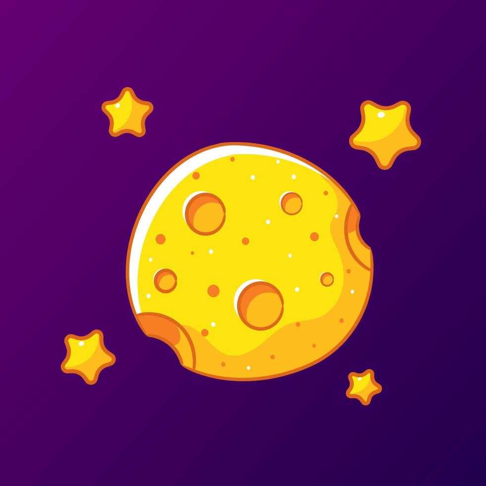 Cute yellow super moon, adorned with craters, set against a backdrop of a deep purple night sky sprinkled with twinkling stars. vector