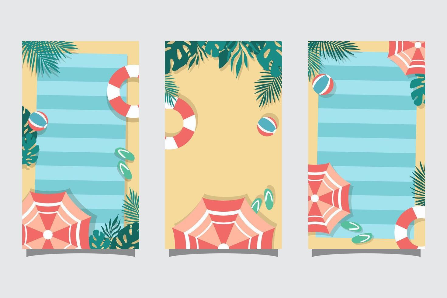 Set of summer travel flyers with beach and wave. Illustration in Minimalistic style with copy space vector