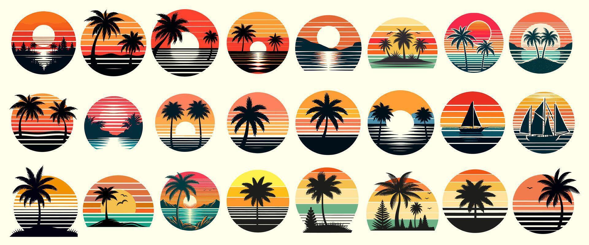 Set of retro sunsets in 80s and 90s style. Abstract sun at beach