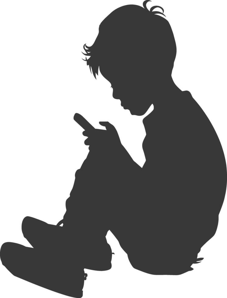 silhouette little boy playing smartphone while sitting vector