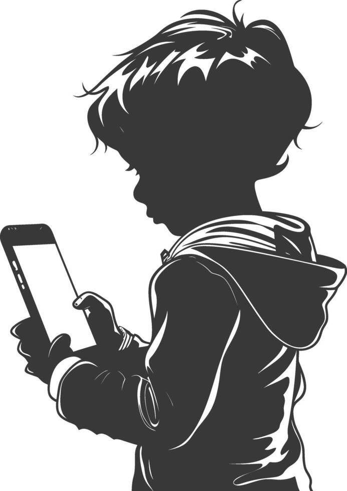 silhouette little boy shows a blank white screen smartphone or tablet vector