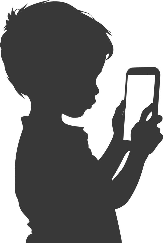 silhouette little boy shows a blank white screen smartphone or tablet vector