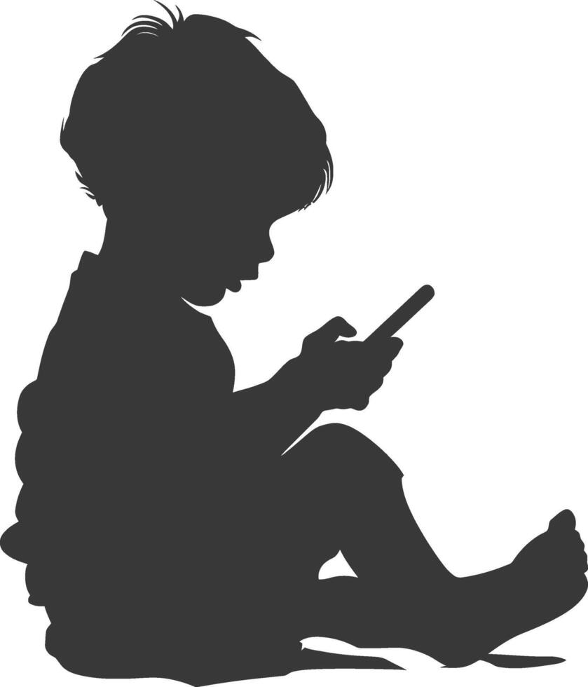 silhouette little boy playing smartphone while sitting vector