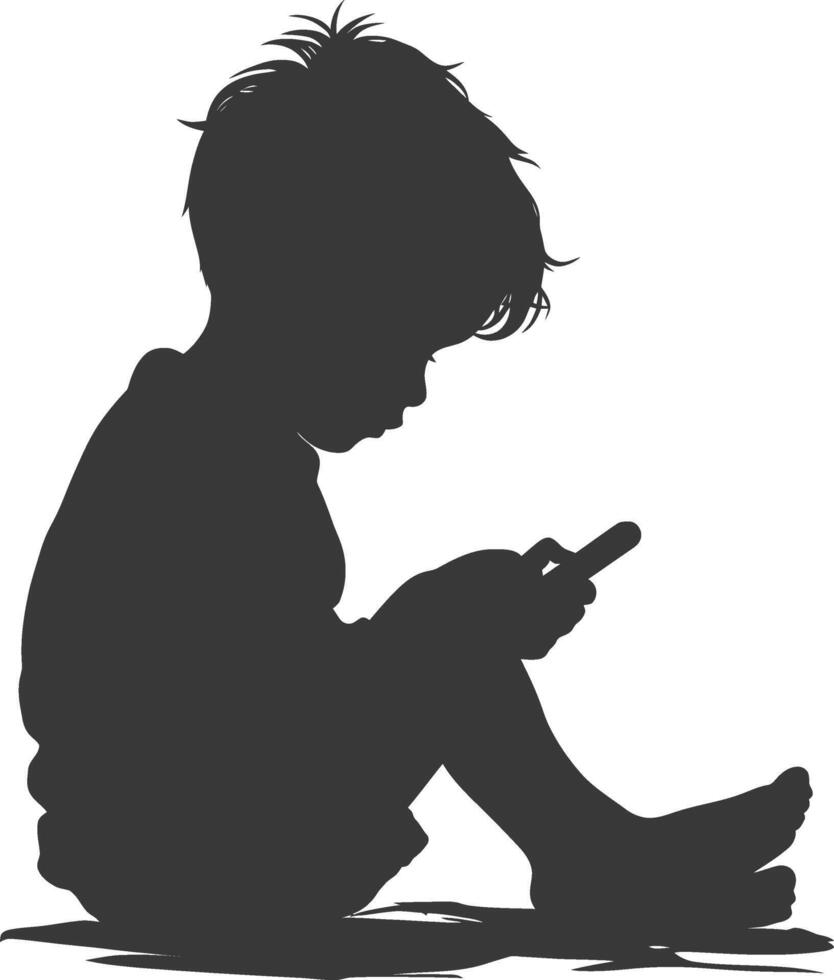 silhouette little boy playing smartphone while sitting vector