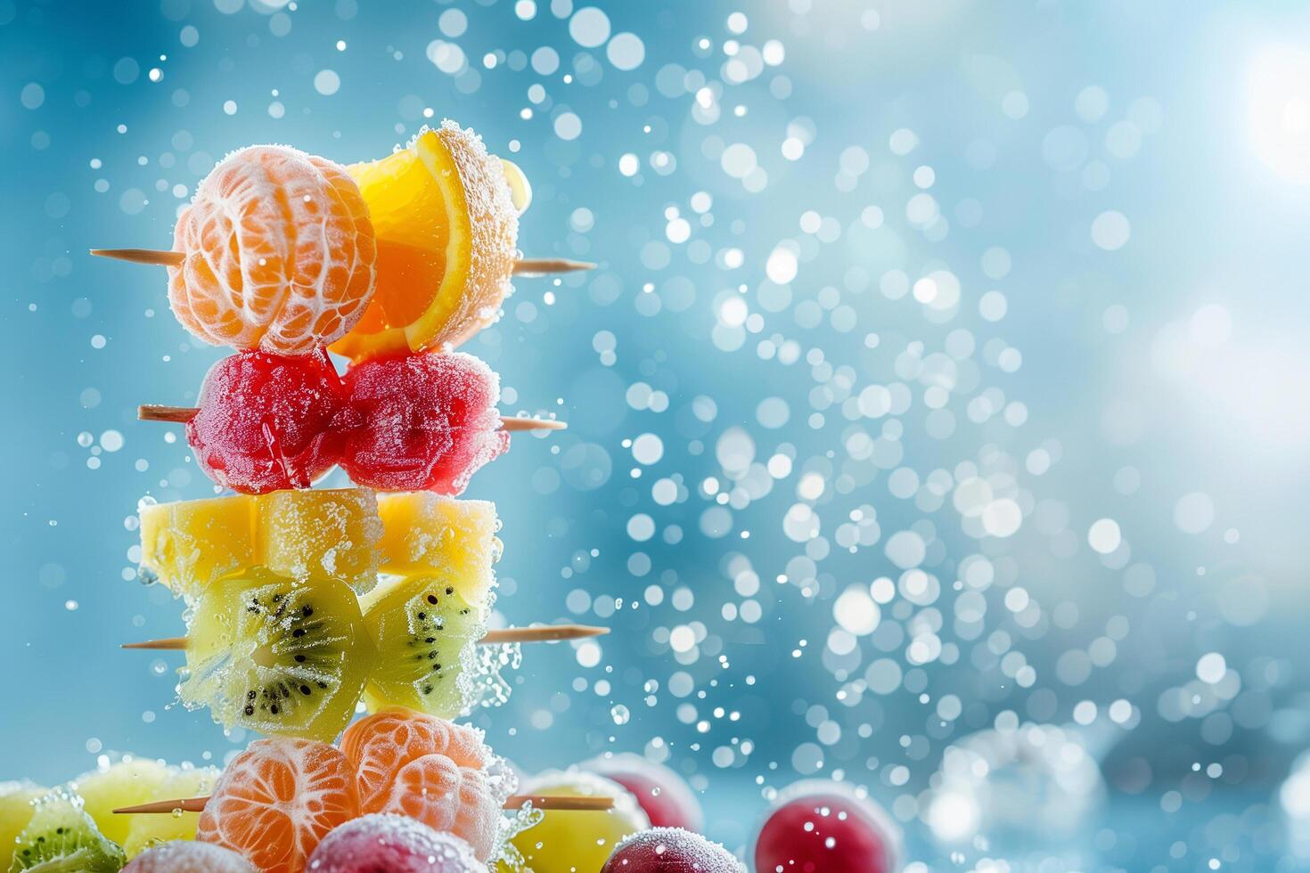 A stunning display of frozen fruit skewers featuring oranges, watermelon, pineapple, kiwi, and grapes, with a sparkling blue bokeh background photo