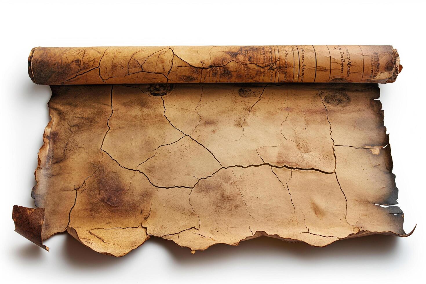 A vintage rolled-up paper with cracked texture sits on a white surface. photo
