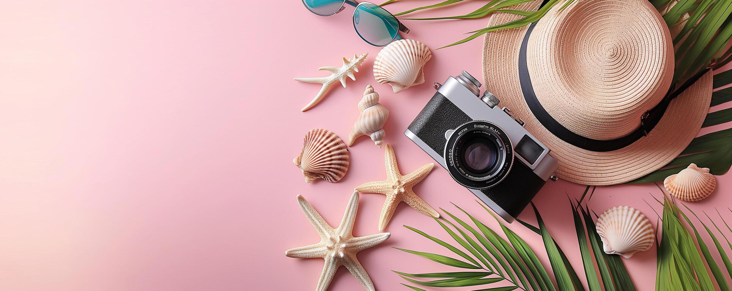 A flat lay summer scene with straw hats, sunglasses, a vintage camera, seashells, starfish, and tropical leaves on a pink background photo