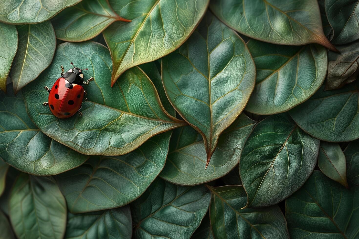 A vivid image of a ladybug on a dense bed of lush green leaves, showcasing intricate textures and colors photo