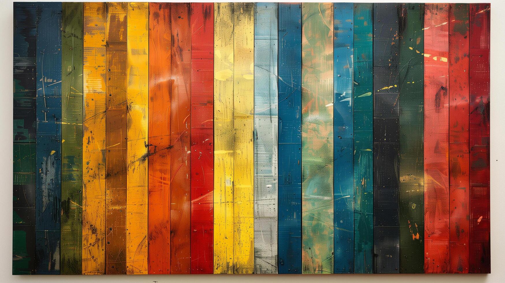 Abstract painting on wooden planks featuring vibrant, distressed stripes in a spectrum of colors photo