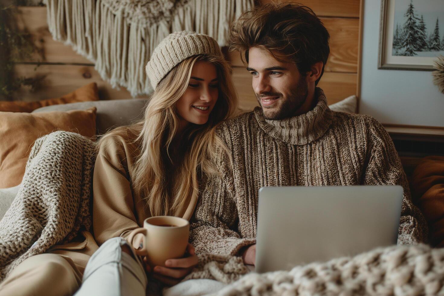 The image depicts a young couple happily looking at a laptop in a cozy, book-filled room photo
