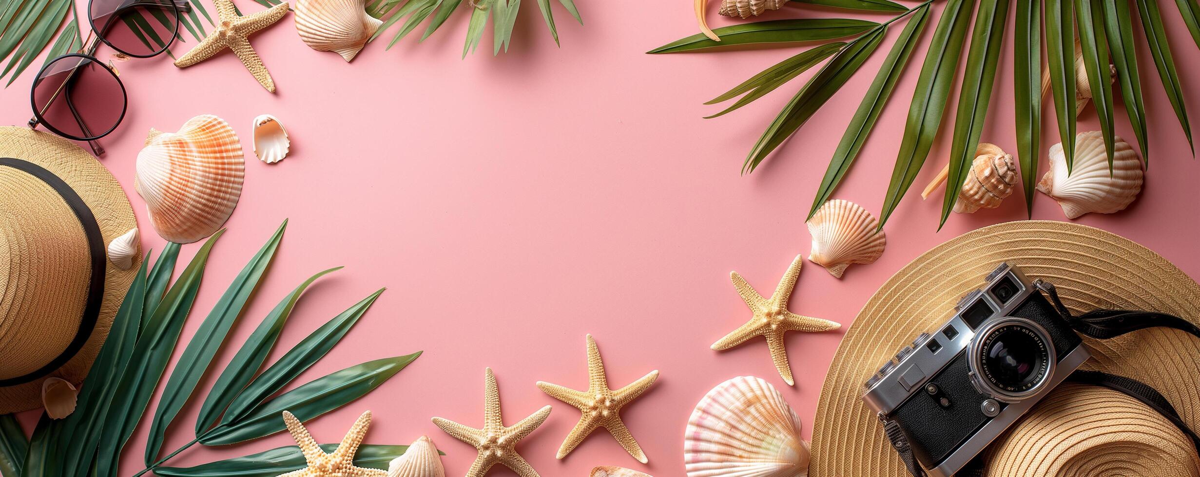 A flat lay summer scene with straw hats, sunglasses, a vintage camera, seashells, starfish, and tropical leaves on a pink background photo