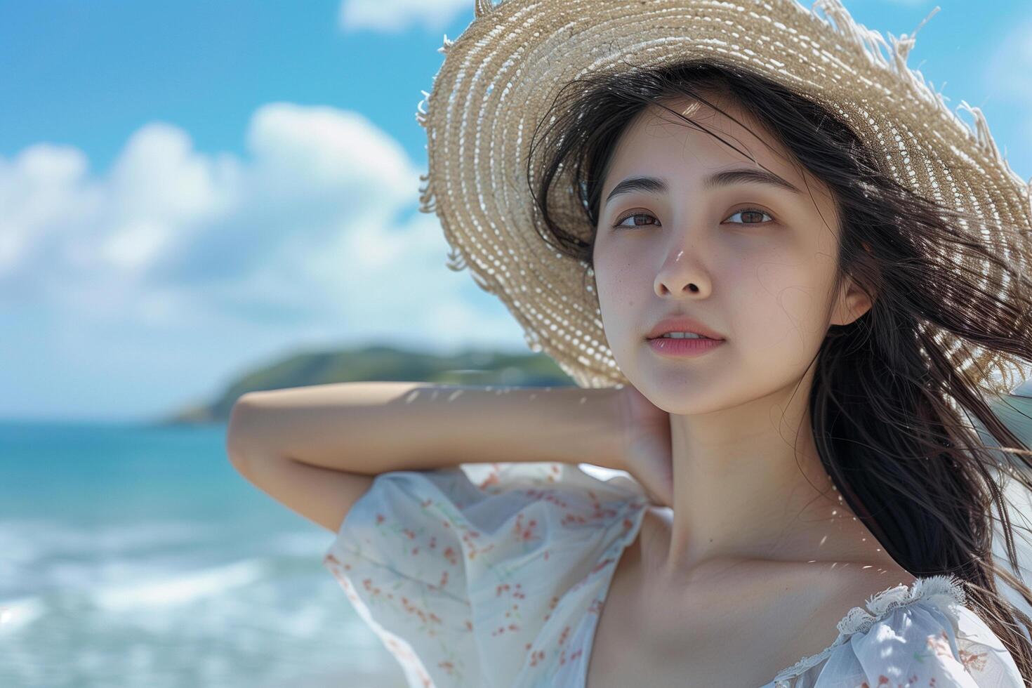 A serene beach scene with a woman in a wide-brimmed hat, her hair gently blowing in the breeze, embodying summer tranquility. photo