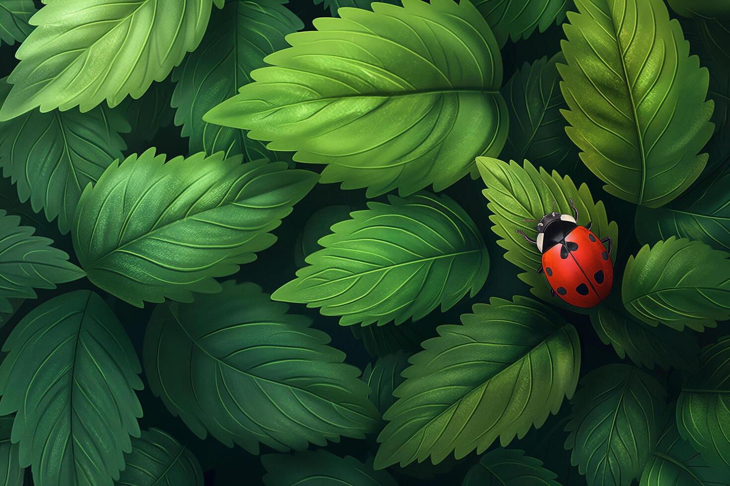 A vivid image of a ladybug on a dense bed of lush green leaves, showcasing intricate textures and colors photo