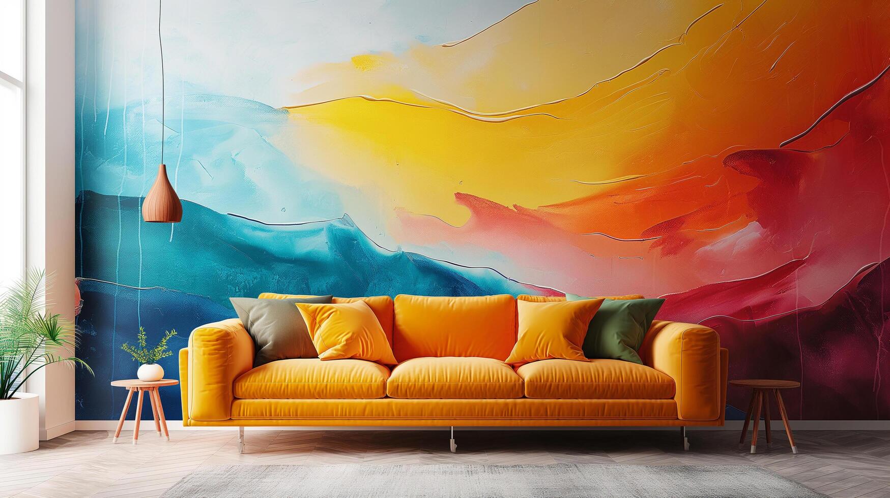 Bright and modern living room with an orange sofa, abstract painted wall, and natural light, creating a vibrant, cozy atmosphere. photo