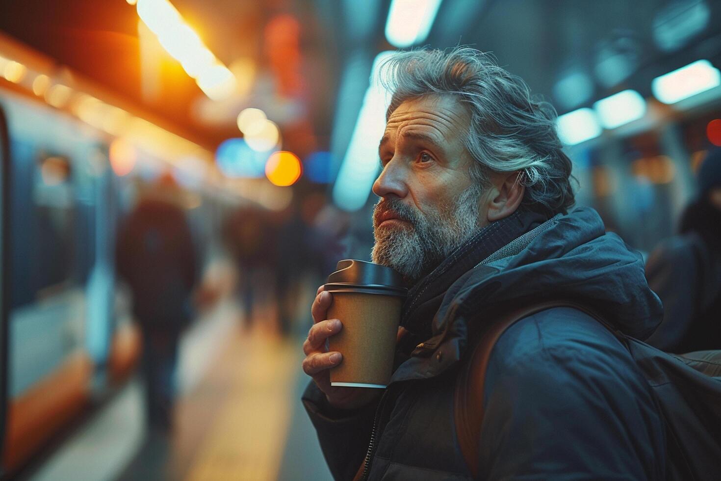 A middle-aged man with gray hair and a beard holds a cup of coffee on a busy subway platform in the morning. photo