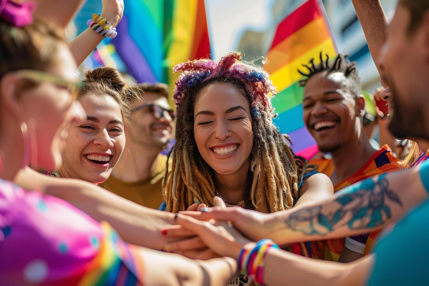 A group of joyful people celebrating pride, smiling and cheering under a clear blue sky, exuding happiness and unity photo