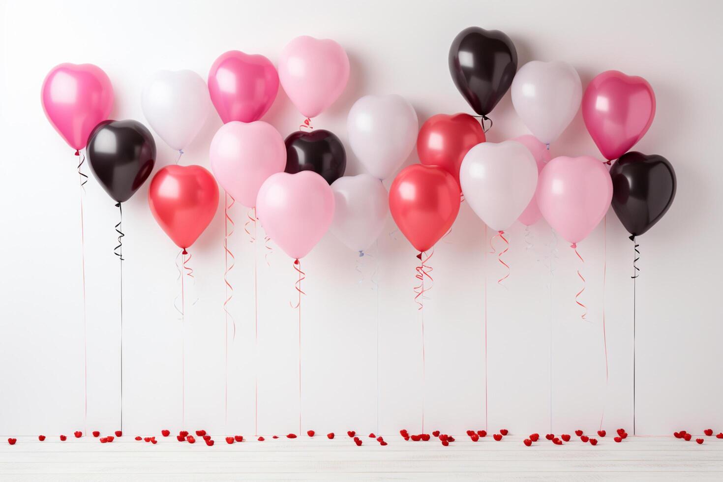 A row of pink, white, and black heart-shaped balloons against a white wall. The balloons are all different sizes and shapes, and they are tied together with a string. photo