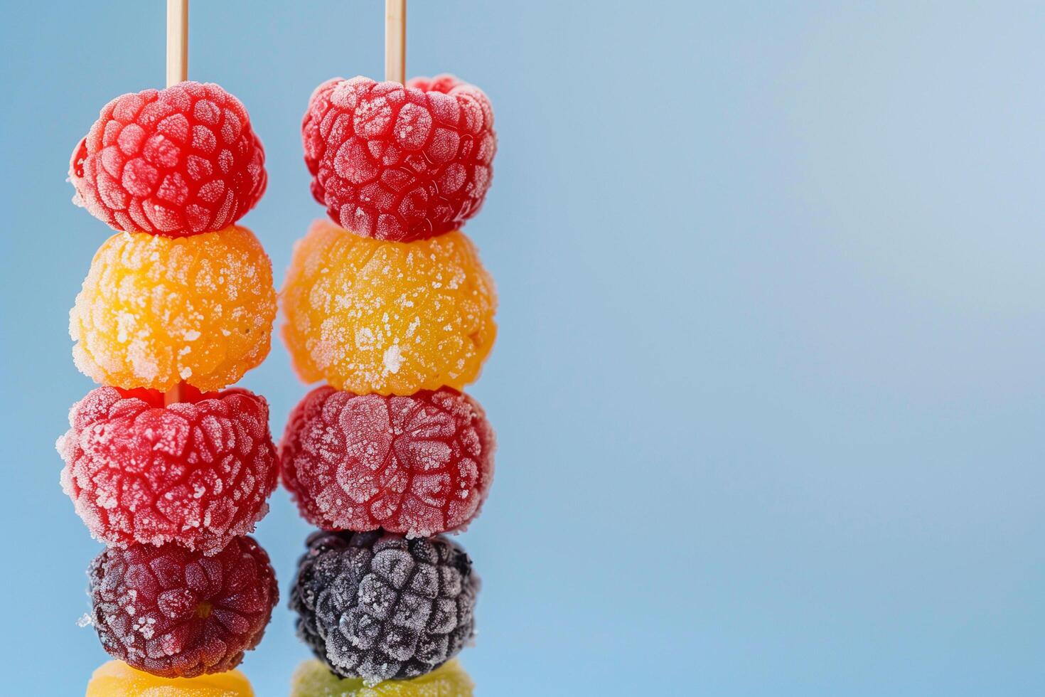 A cluster of colorful frozen berries on a stick rests on a blue background photo