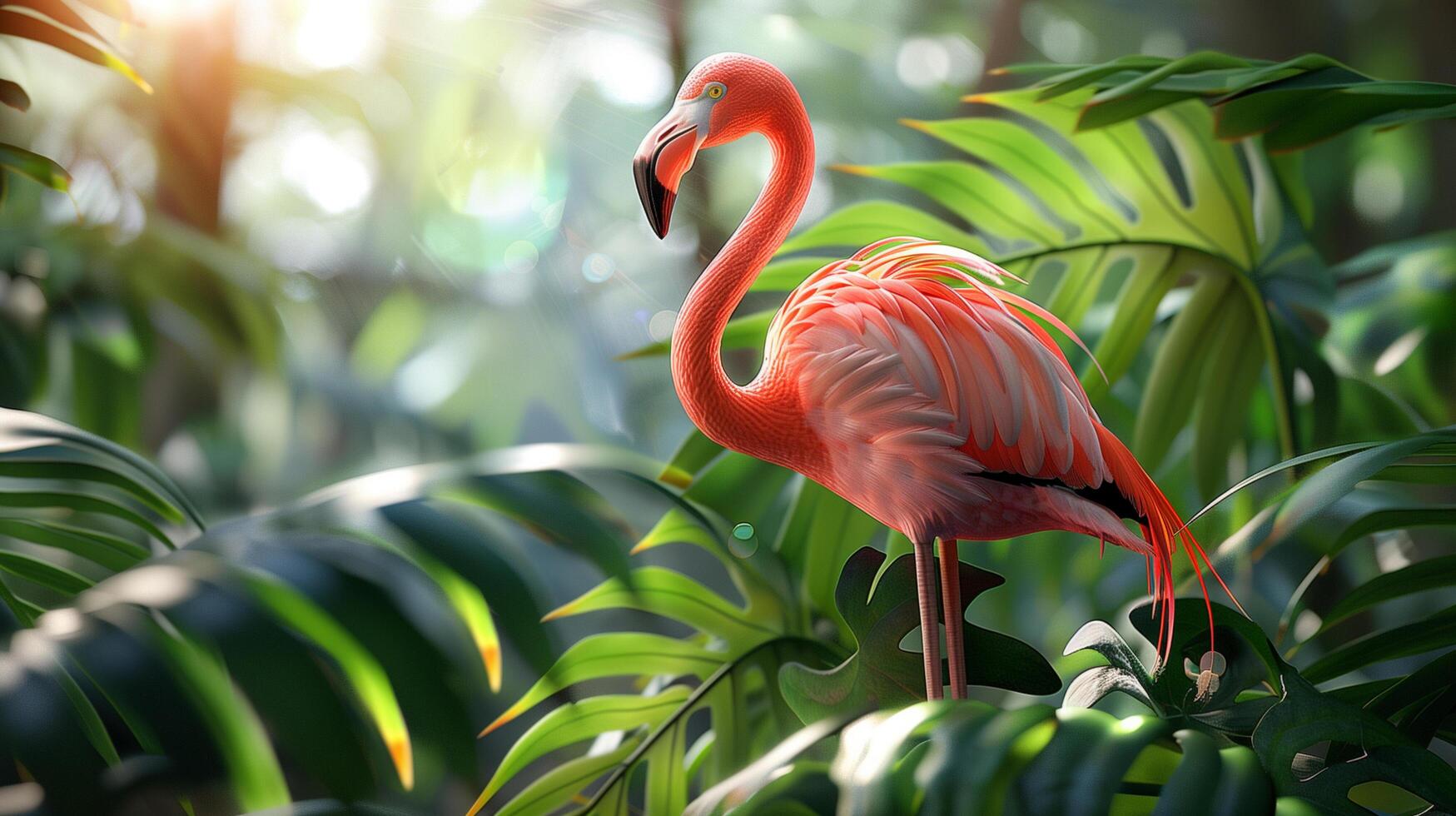 A bright pink flamingo stands on one leg in a lush green forest with sunlight filtering through the leaves. photo