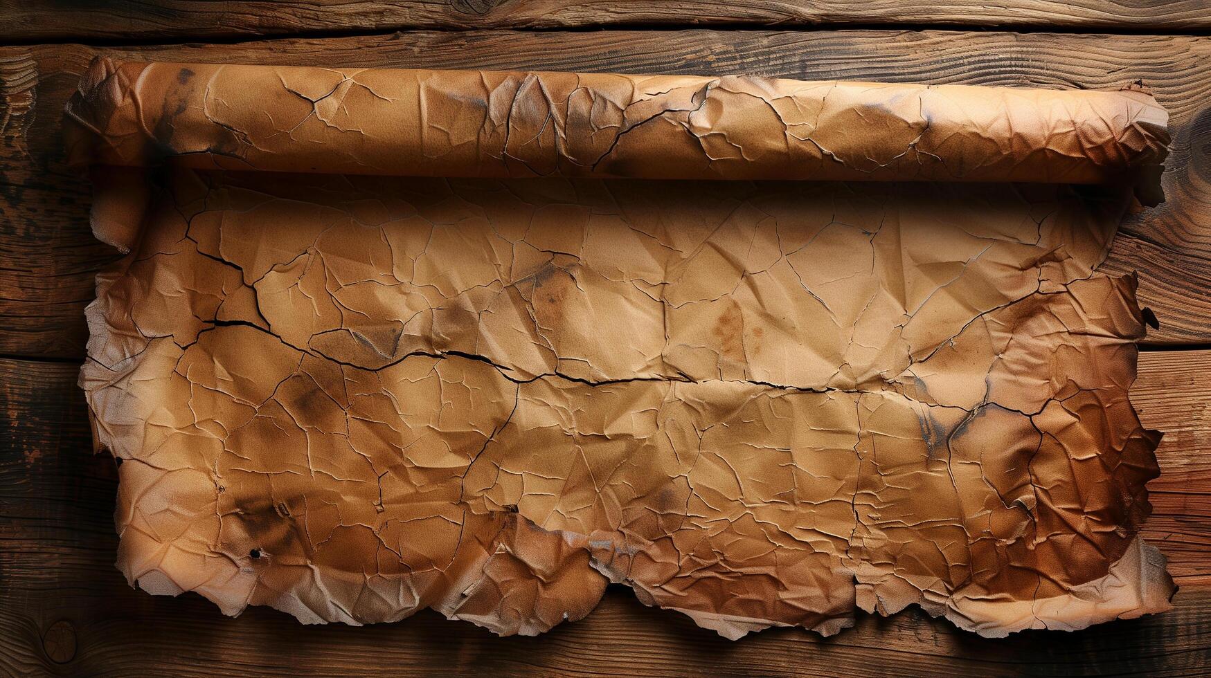 A worn piece of aged parchment paper with jagged edges rests on a dark wooden table. photo