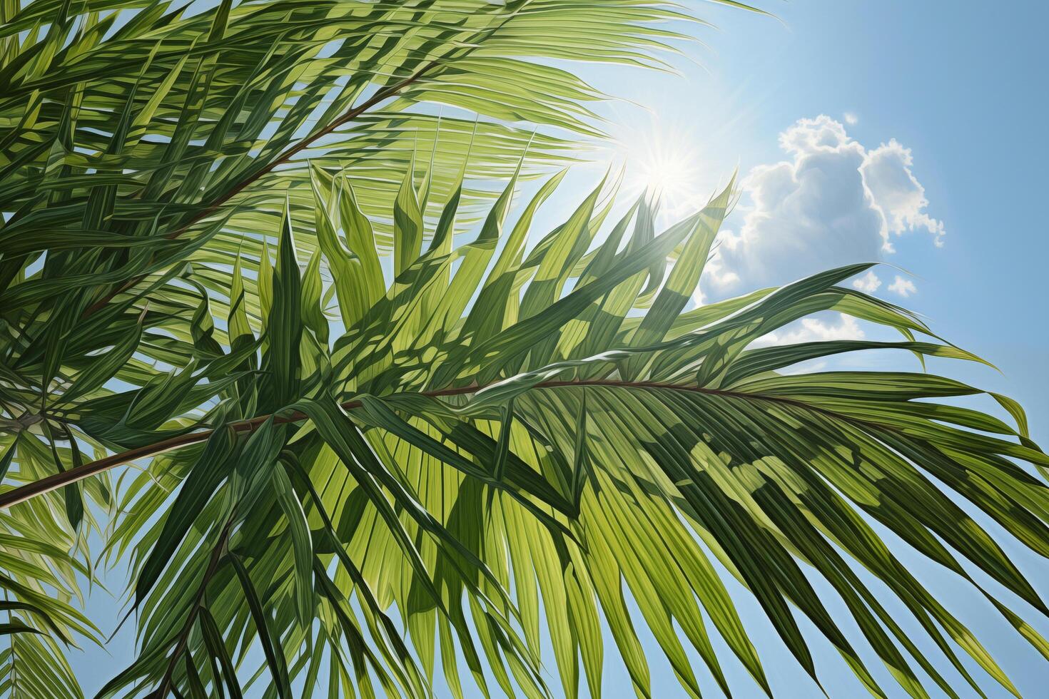 Tropical palm tree with green leaves against a blue sky photo
