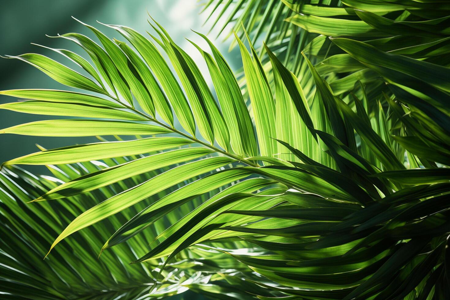 Lush green palm fronds stretch towards a bright sky in this tropical paradise photo