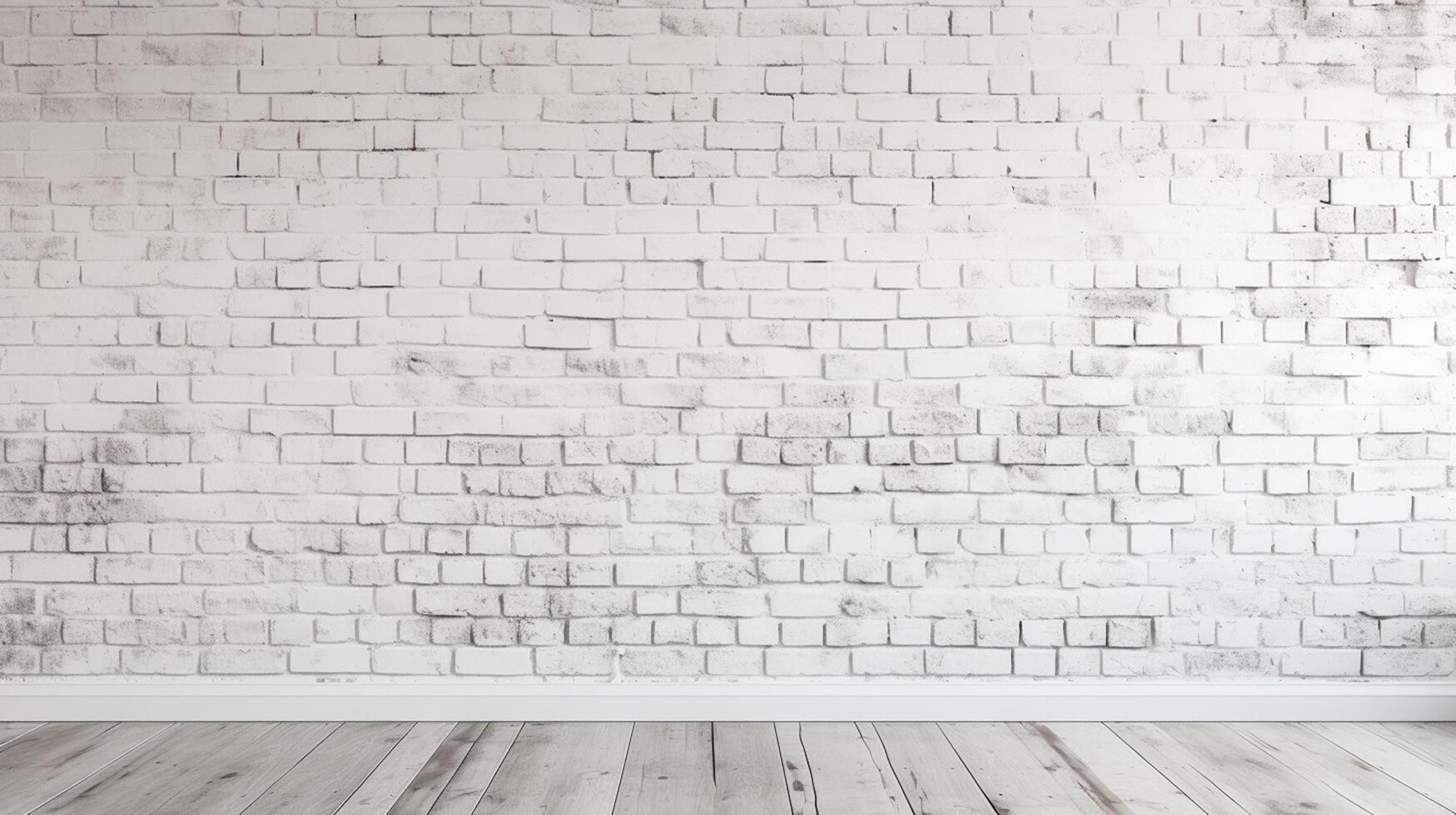 An empty room with a white brick wall and wooden floor. There are exposed pipes and wires on the ceiling. photo