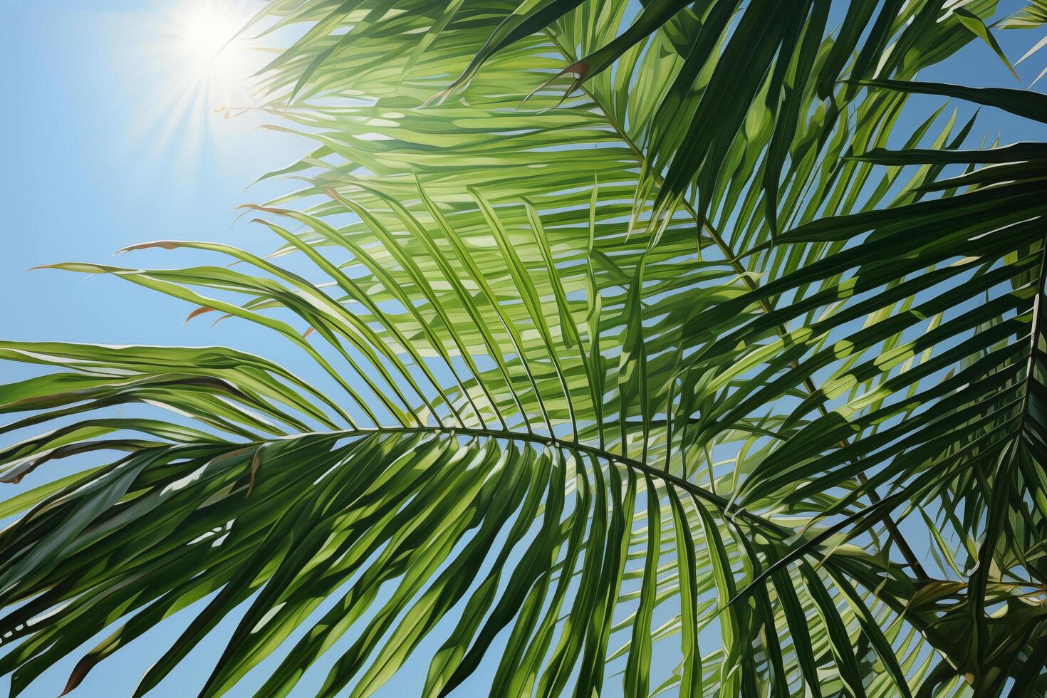 Tropical palm tree with green leaves against a blue sky photo