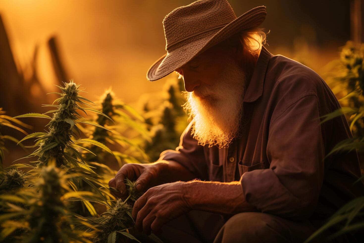 Old man in various settings with Cannabis field with sunlight photo