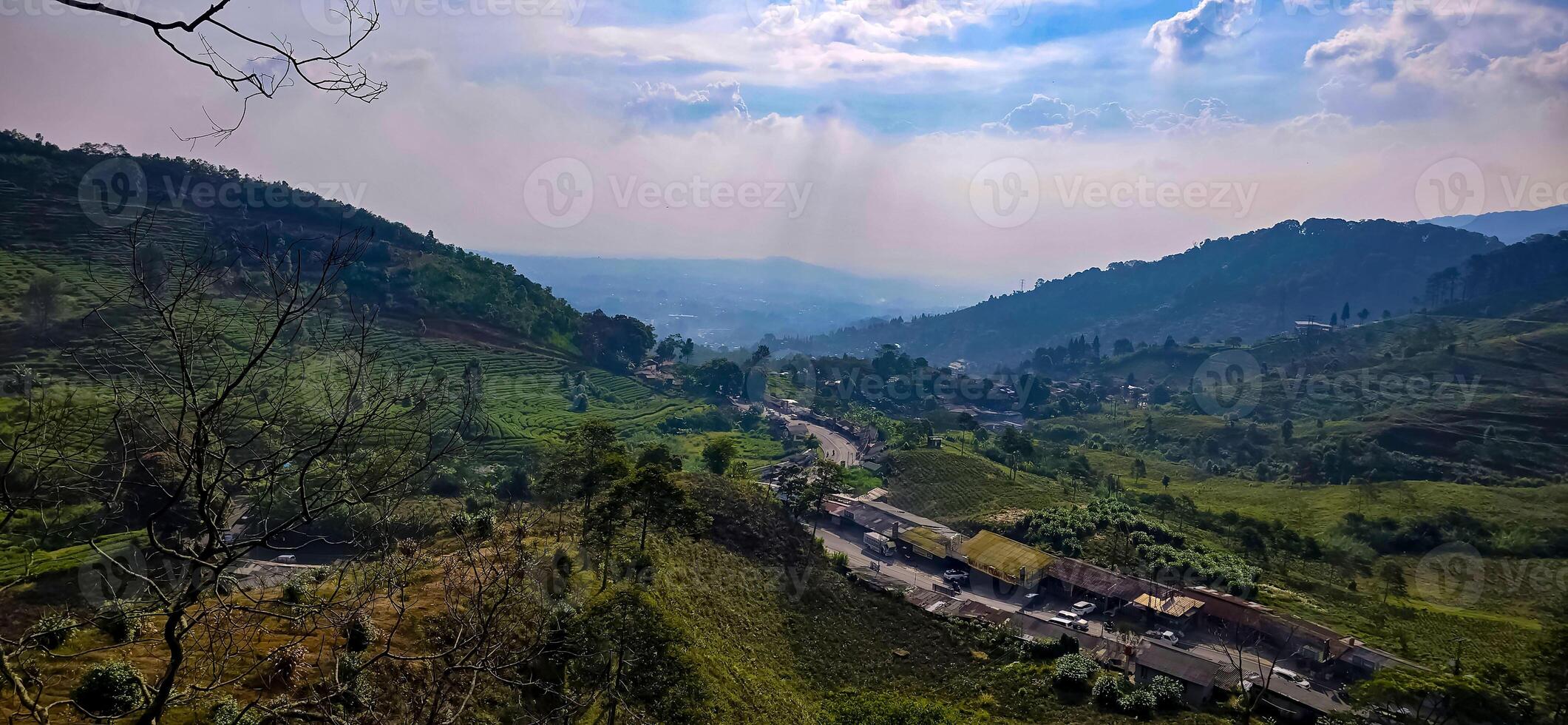 Beautiful scenery on top of hill, green view and blue sky with clouds, location at puncak pass, bogor, indonesia photo