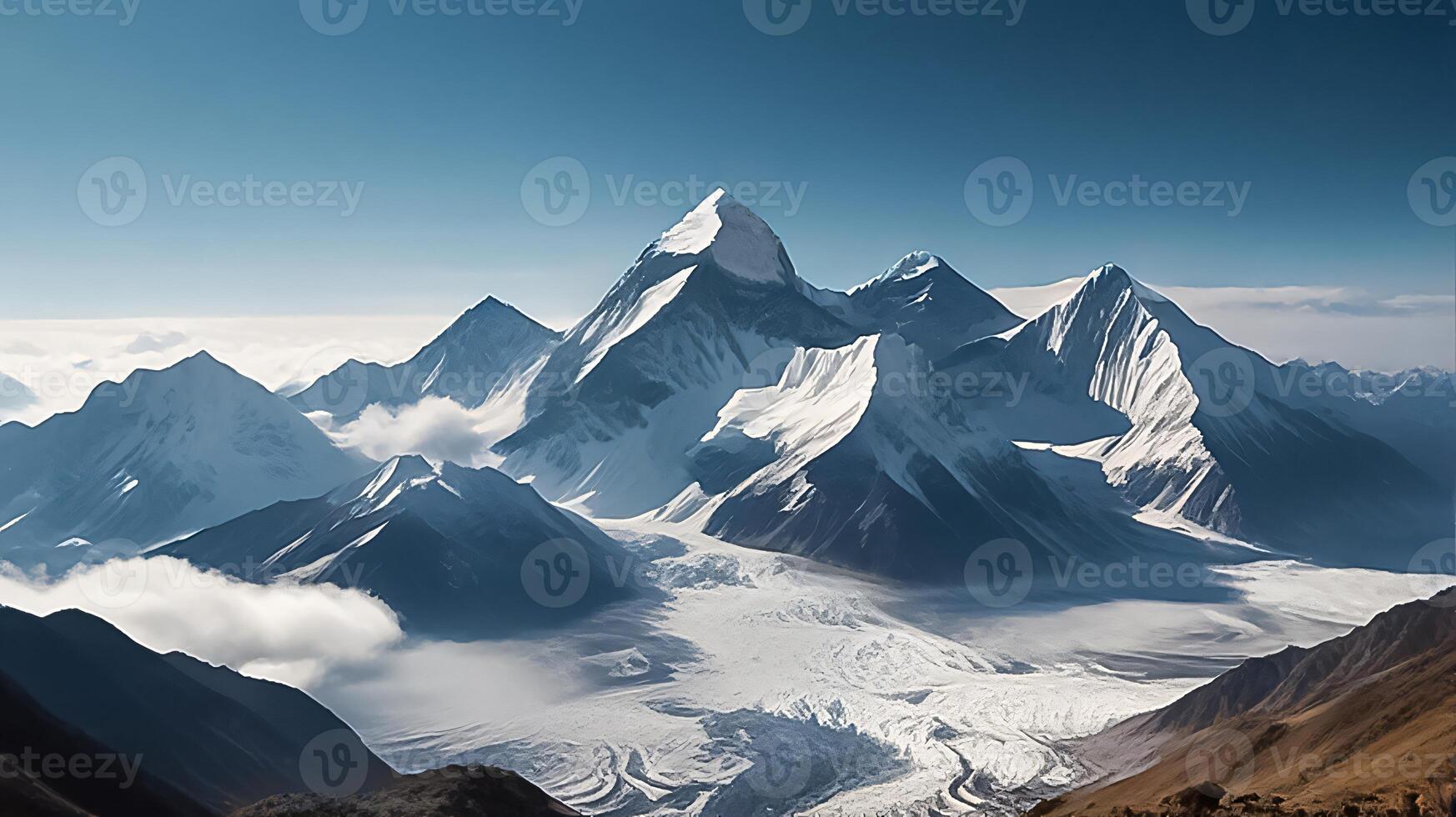 fantastic landscape of Himalayan peaks mountain with snow cap at the top and hills and valley for multimedia content creation photo