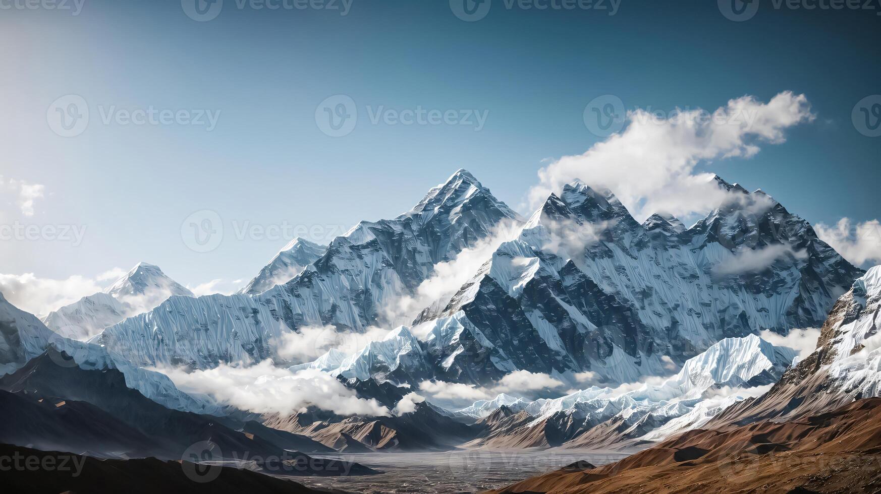 fantastic landscape of Himalayan peaks mountain with snow cap at the top and hills and valley for multimedia content creation photo