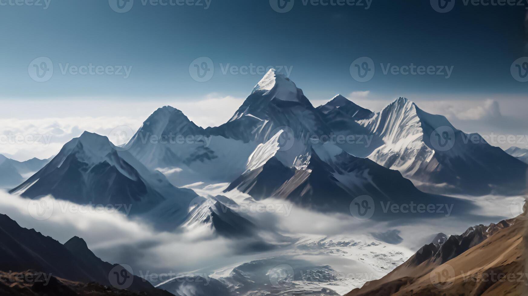 fantastic landscape of Himalayan peaks mountain with snow cap at the top and hills and valley for multimedia content creation photo